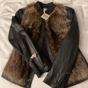 Black Leather Jacket with Brown Fur Front